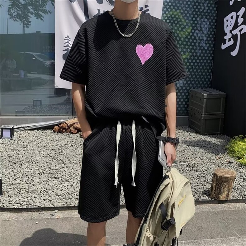 套装男短袖韩版潮流爱心变色个性2023夏季ins宽松五分裤W4865-P45,男装休闲套装,星座412-3