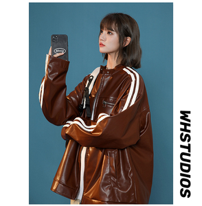 XZ221-1/JK2315/P98控128 2025春款撞色条纹PU皮衣机车服夹克外套图片