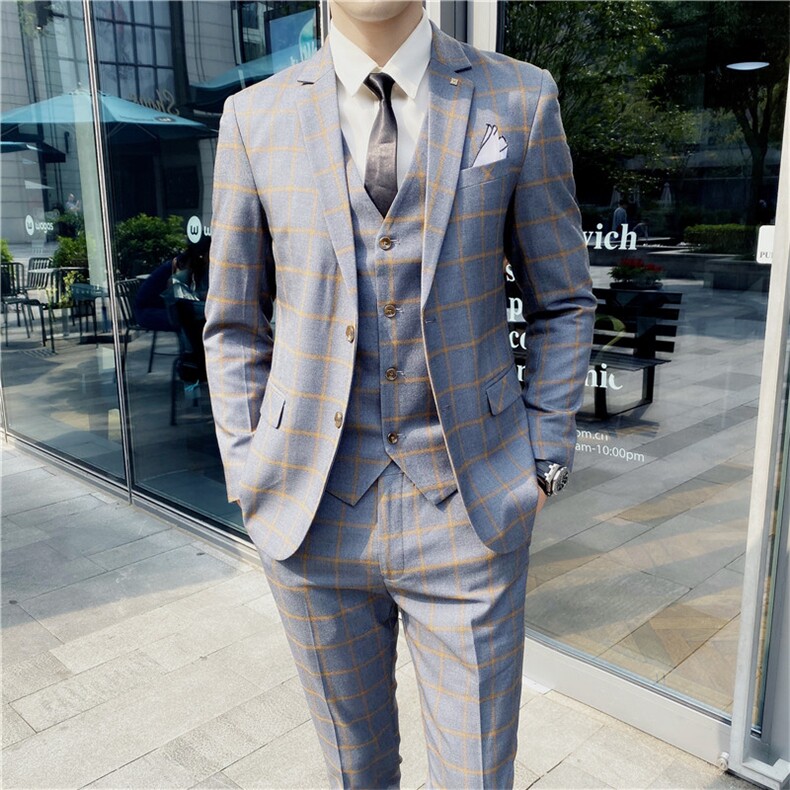 2025新款格子商务休闲三件套装西服1909-P210，男装西服，星座311B