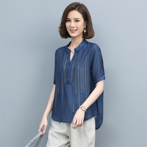 时尚休闲镶钻V领上衣女夏季新款宽松显瘦短袖雪纺衫气质百搭衬衣图片