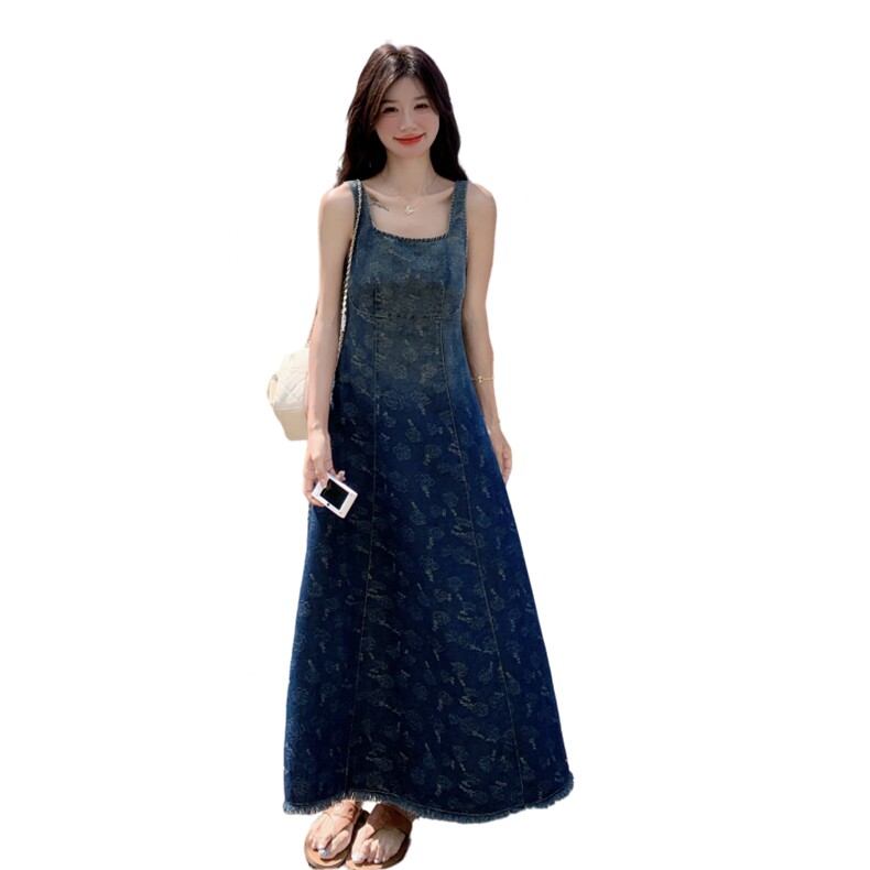 复古渐变牛仔印花背带裙女2025夏季时尚独特绝美减龄显瘦气质长裙,女装连衣裙,2C012