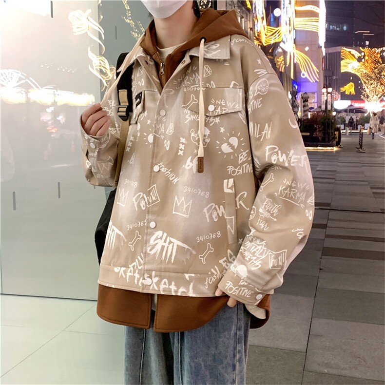 2024春秋款假两件连帽夹克潮牌印花涂鸦夹克外套A436-D1210-P73,男装夹克,电商A436