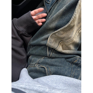 现货 潮牌时尚百搭直筒复古做旧水洗拼接设计牛仔裤LB3100-P58图片