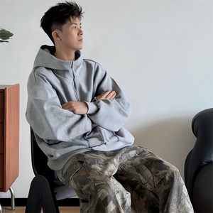 抖音得物高品质秋冬美式高街重磅结构辑明线纹理连帽卫衣外套W111图片