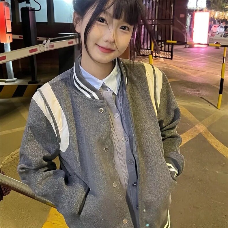 灰色短款毛呢外套男秋冬美式复古夹棉棒球服高级感加厚飞行员夹克图片