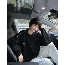 美式设计感圆领卫衣男秋季休闲简约恶魔猫眼字母印花日系长袖T恤，男装T恤，星座506A