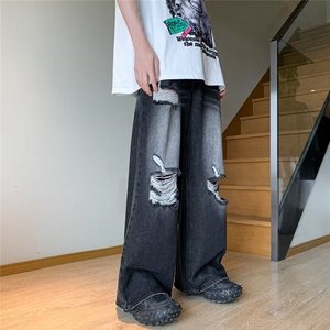 高街黑色破洞牛仔裤男女夏季新款ins潮牌直筒拖地阔腿裤子~KZ1716