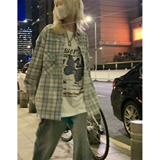 水洗复古格子口袋长袖衬衫男女ins高街宽松小众休闲翻领开衫衬衣，男装衬衫，星座506A