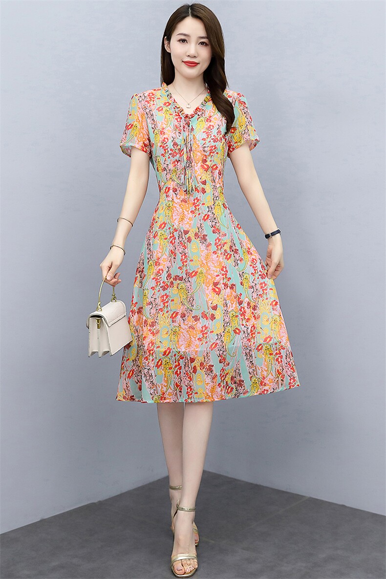 2021年夏季新款雪纺连衣裙长款印花连衣裙,女装连衣裙,欣贝拉