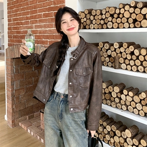 美拉德咖色皮衣短外套女春秋2025新款复古立领机车服休闲夹克上衣图片