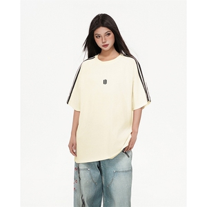 抖音得物高品质二开240克宽松纯棉美式潮牌三条杠织带短袖T恤图片