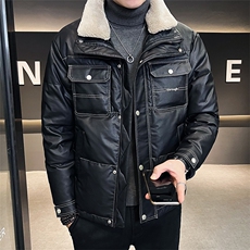 店主风羊羔毛领羽绒服男PU皮外套白鸭绒休闲上衣B317/6137/P175，男装羽绒服，电商B317