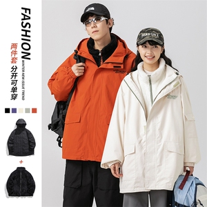 秋冬三合一连帽双层冲锋衣纯色宽松港风情侣棉袄外套MY9318 P-115图片