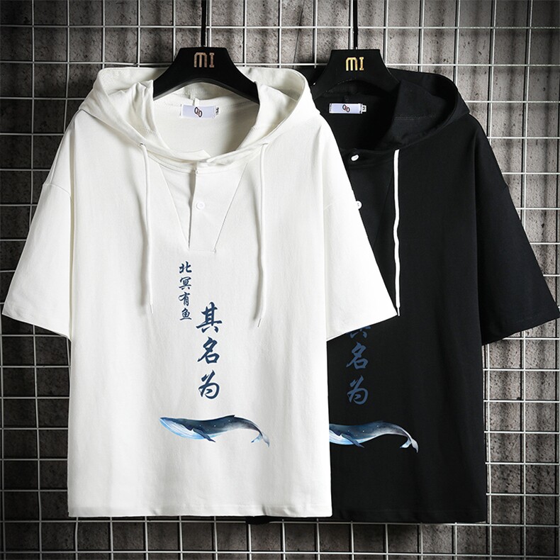 LD54261-P45NASA连帽短袖t恤男大码胖子带帽五分袖中袖网格,男装T恤,电商A040A