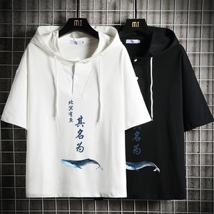 LD54261-P45 NASA连帽短袖t恤男大码胖子带帽五分袖中袖 网格图片