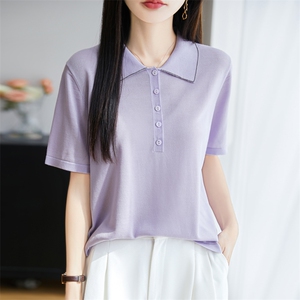 天丝polo衫女2025夏季宽松烫钻薄款正肩短袖翻领针织衫上衣t恤新图片