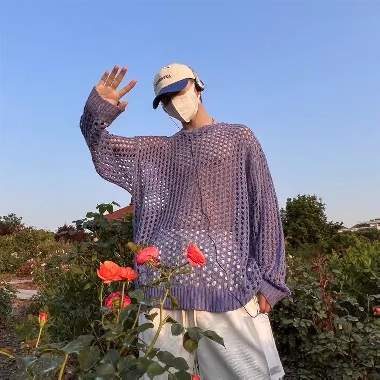 760-P35长袖t恤男士春夏季薄款潮牌针织渔网眼镂空罩衫,男装T恤,电商B323A