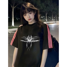 抖音得物品质二开240克宽松纯棉美式潮牌印花三条杠中性风短袖T恤，男装T恤，电商A486-1