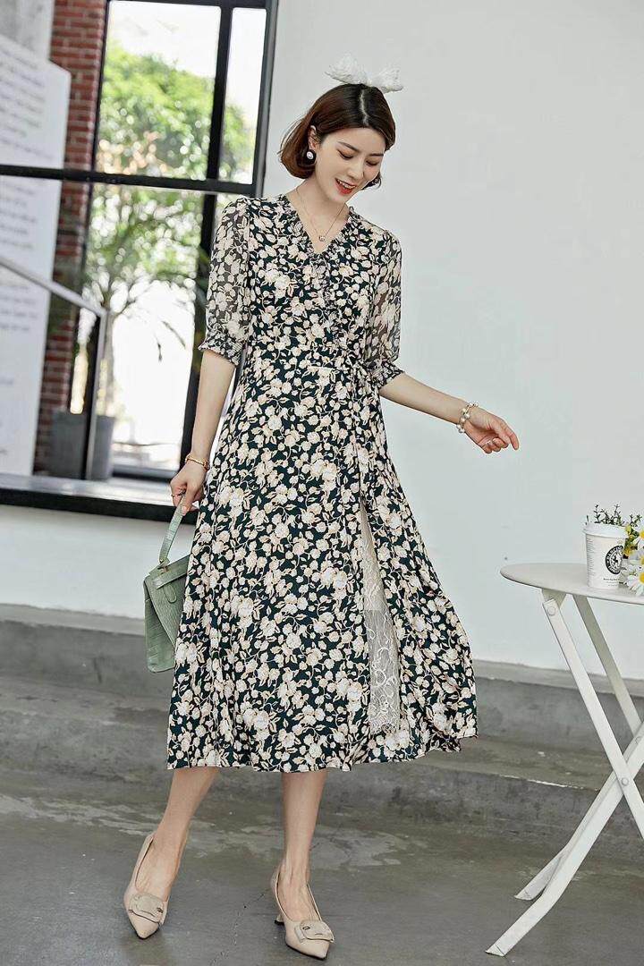 【夏季新款】长款碎花蕾丝连衣裙，女装连衣裙，笑思源