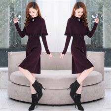 2021年秋季新款气质显瘦两件套斗篷毛衣连衣裙，女装连衣裙，金典明美