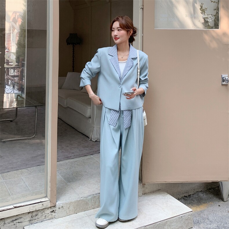 26春新款现-浅蓝温柔风拼接格子西装套装2628-P180K288,女装套装/套裙,2B190