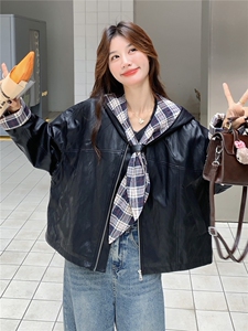 复古格子拼接连帽皮衣外套女2025秋新款设计感宽松短款机车服夹克图片