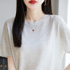 夏季一线成衣天丝亚麻针织短袖女圆领点子纱T恤上衣宽松半袖打底，女装T恤，暖烁羊绒