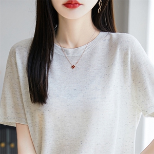 夏季一线成衣天丝亚麻针织短袖女圆领点子纱T恤上衣宽松半袖打底图片