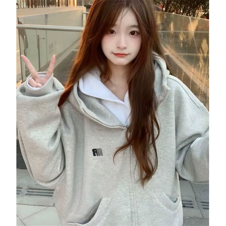 小众拼接设计高领宽松拉链外套春秋情侣连帽衫卫衣WY71,女装短外套,星座1116A（原606A-3）