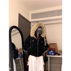 现货重磅boxy短款棉衣座山雕大毛毛领男女棉服水洗工装厚外套，男装棉衣，电商A486
