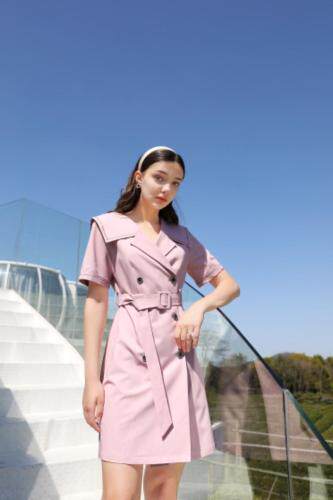 夏季新款双排扣翻领短袖连衣裙，女装连衣裙，忆思妤