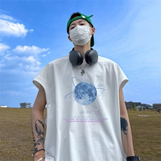 直播品质重磅纯棉220克美式印花宽松背心男女无袖t恤潮BX295P25，男装T恤，电商A486