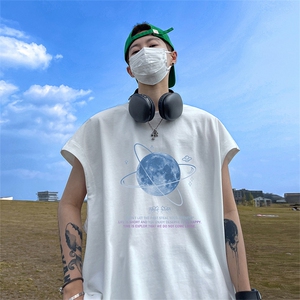 直播品质 重磅纯棉 220克美式印花宽松背心男女无袖t恤潮BX295P25图片