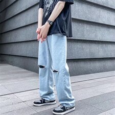 美式破洞牛仔裤男夏季宽松直筒乞丐裤百搭帅气高街潮牌N0729-P40，男装牛仔裤，星座1008