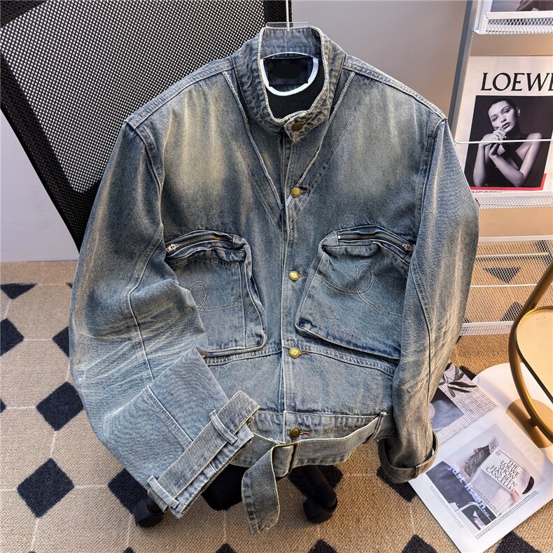 JK8969-P78 秋冬美式复古牛仔外套男女宽松百搭重工做旧立领图片