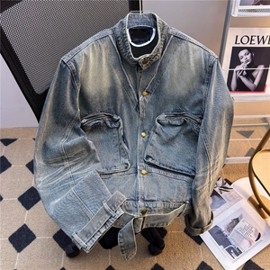 JK8969-P78 秋冬美式复古牛仔外套男女宽松百搭重工做旧立领图片