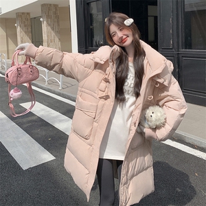 粉色牛角扣羽绒服女2025冬季新款中长款连帽加厚减龄学院风面包服图片