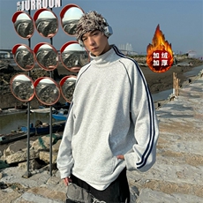 W8901加绒-P68秋冬大码纯棉男女同款两条杠加绒加厚立领卫衣，男装卫衣，星座109