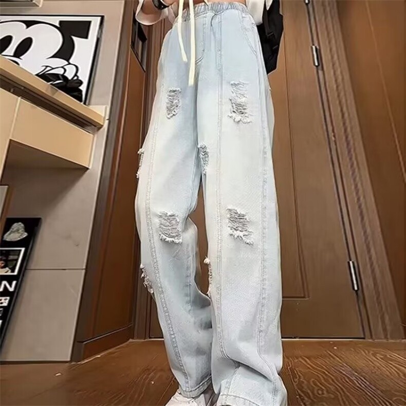 浅蓝色破洞牛仔裤男夏季薄款松紧腰微喇裤大码垂坠感宽松直筒裤子,男装牛仔裤,星座506A