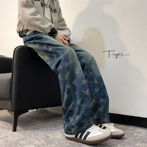 春季潮中腰拉链蝴蝶提花满印牛仔裤男款直筒痞帅