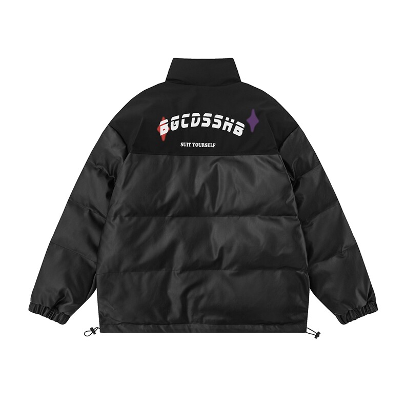白底23冬季时尚百搭宽松字母印花PU皮加厚棉服MY406特批P95控158,男装棉衣,电商A247-1