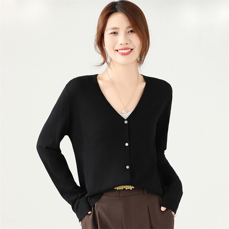 2024秋季新款女士V领长袖短款35%羊绒衫开衫通勤百搭，女装羊绒衫，富泽羊绒