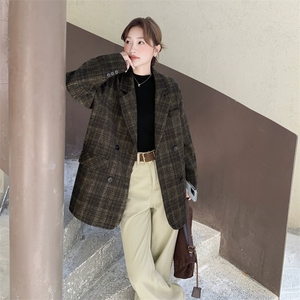 复古气质呢子大衣流行款格纹中长款毛呢西装外套女冬图片