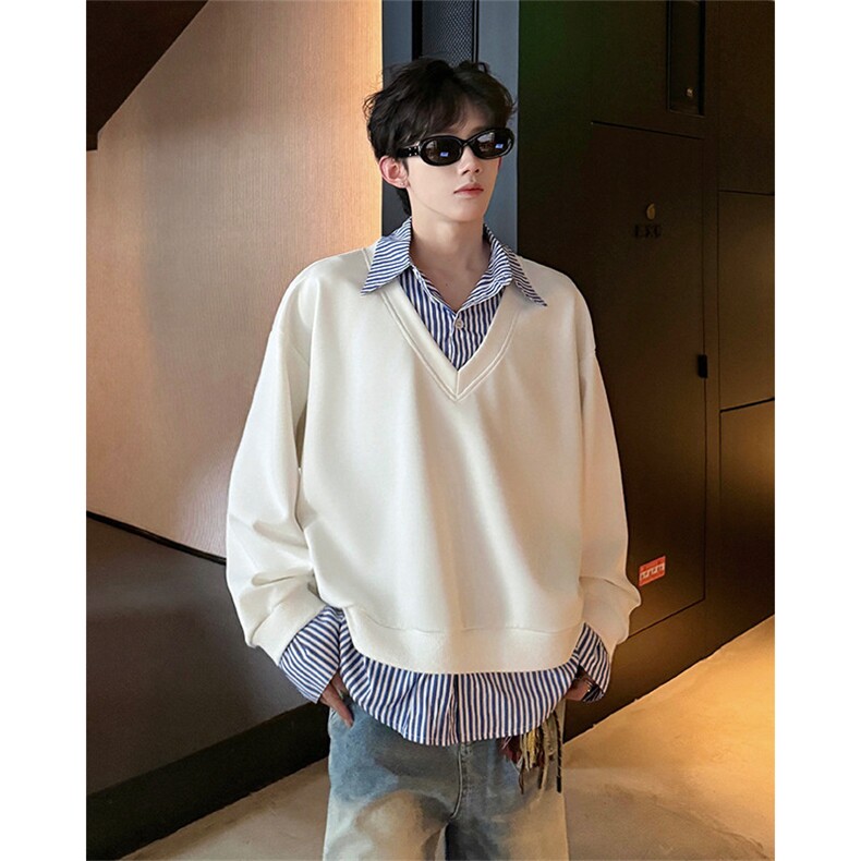 秋冬男士韩系学院风假两件卫衣宽松条纹拼接休闲上衣外套P65，女装短外套，电商B319