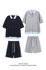 抖音品质夏季新款假两件短袖POLO衫潮牌休闲套装男-A2119TP50控78，男装T恤，电商B241
