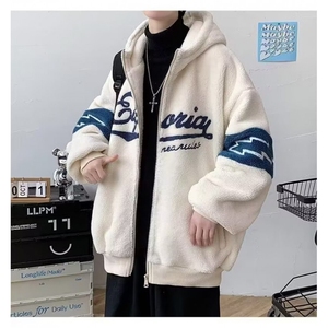 羊羔绒外套男秋冬季加厚连帽棉服青少年冬装潮牌宽松棉衣夹克图片