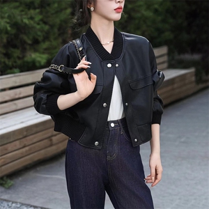 2024新款海宁皮衣女短款棒球服仿真绵羊皮夹克蝙蝠宽松拼接外套图片