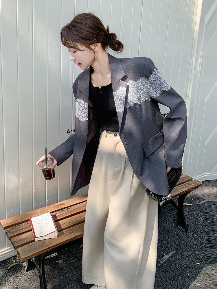 蕾丝拼接灰色西装外套女2025春季新款韩系休闲气质高级感炸街西服,女装西装,浙宝069