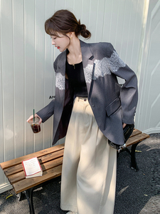 蕾丝拼接灰色西装外套女2025春季新款韩系休闲气质高级感炸街西服图片
