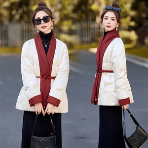 新中式国风气质收腰羽绒服女2024冬季新款复古提花拼接白鸭绒外套，女装羽绒服，曼娅璐